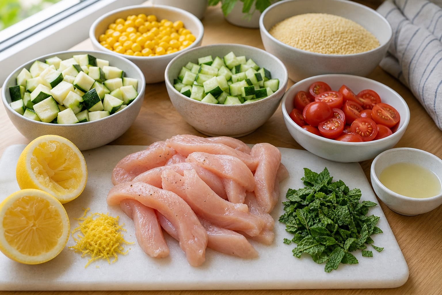 Lemon Chicken Courgette Couscous Boxes with Mint cooking step 1: Prepare the lunch-box ingredients.