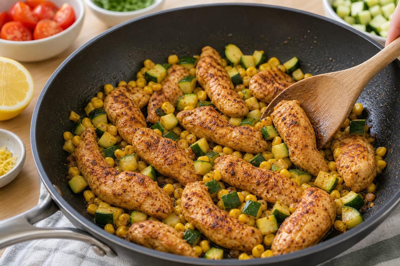 Lemon Chicken Courgette Couscous Boxes with Mint cooking step 3: Cook the chicken and courgette.