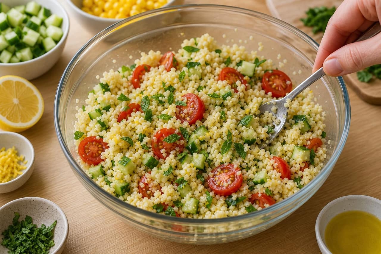 Lemon Chicken Courgette Couscous Boxes with Mint cooking step 5: Dress the couscous.