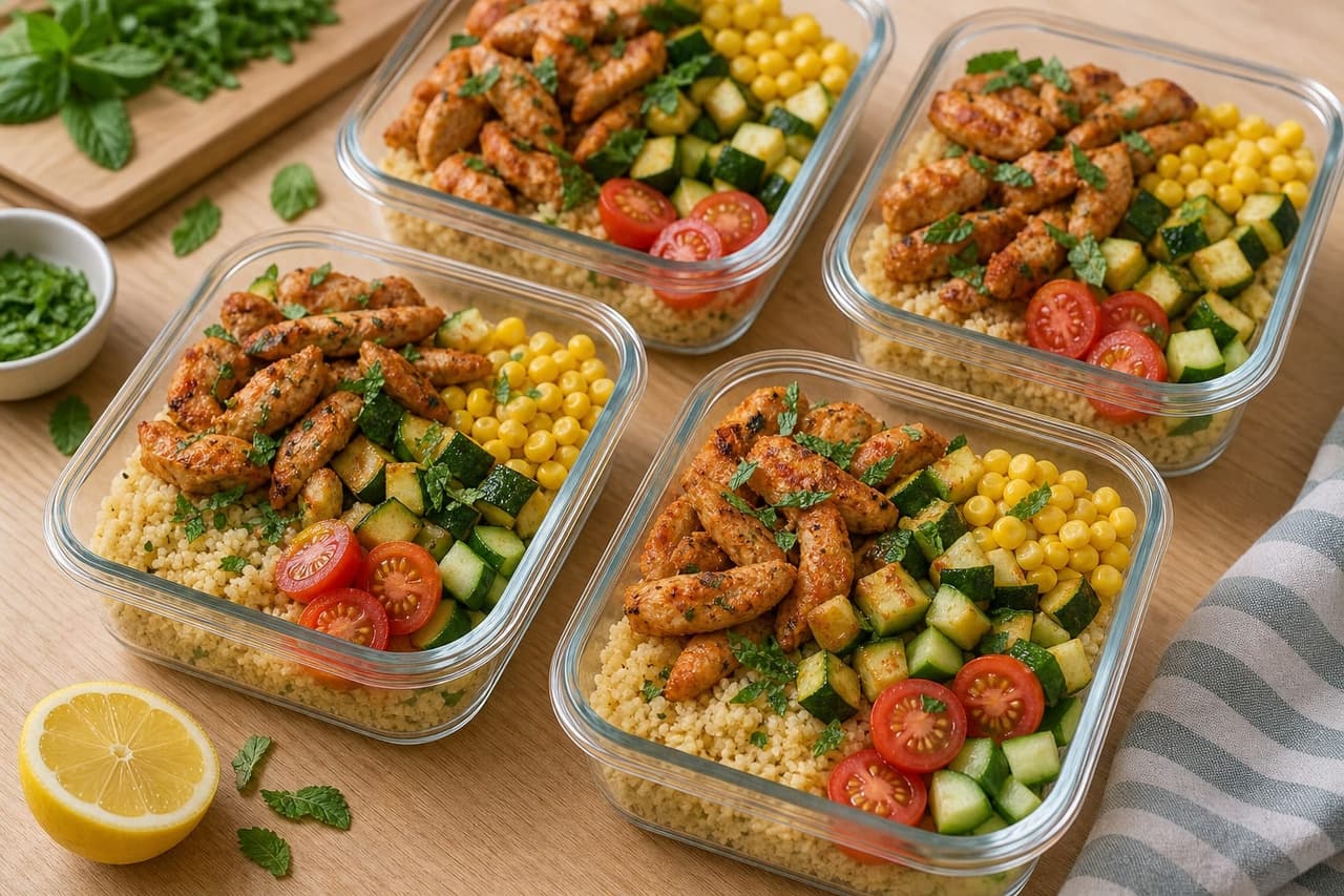 Lemon Chicken Courgette Couscous Boxes with Mint cooking step 6: Pack the boxes.