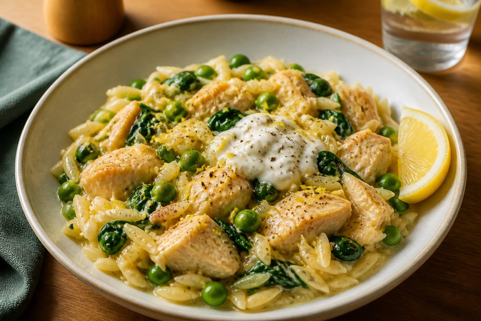 Lemon Chicken Orzo with Peas and Spinach plated and ready to serve.