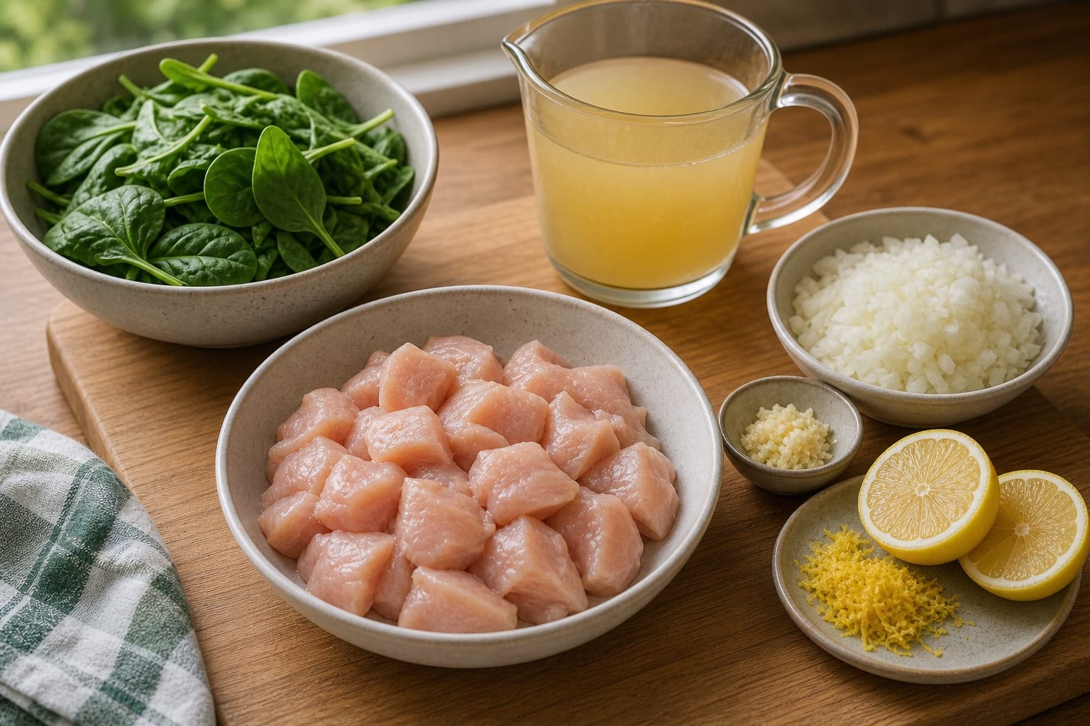 Lemon Chicken Orzo with Peas and Spinach cooking step 1: Prep the chicken and aromatics.