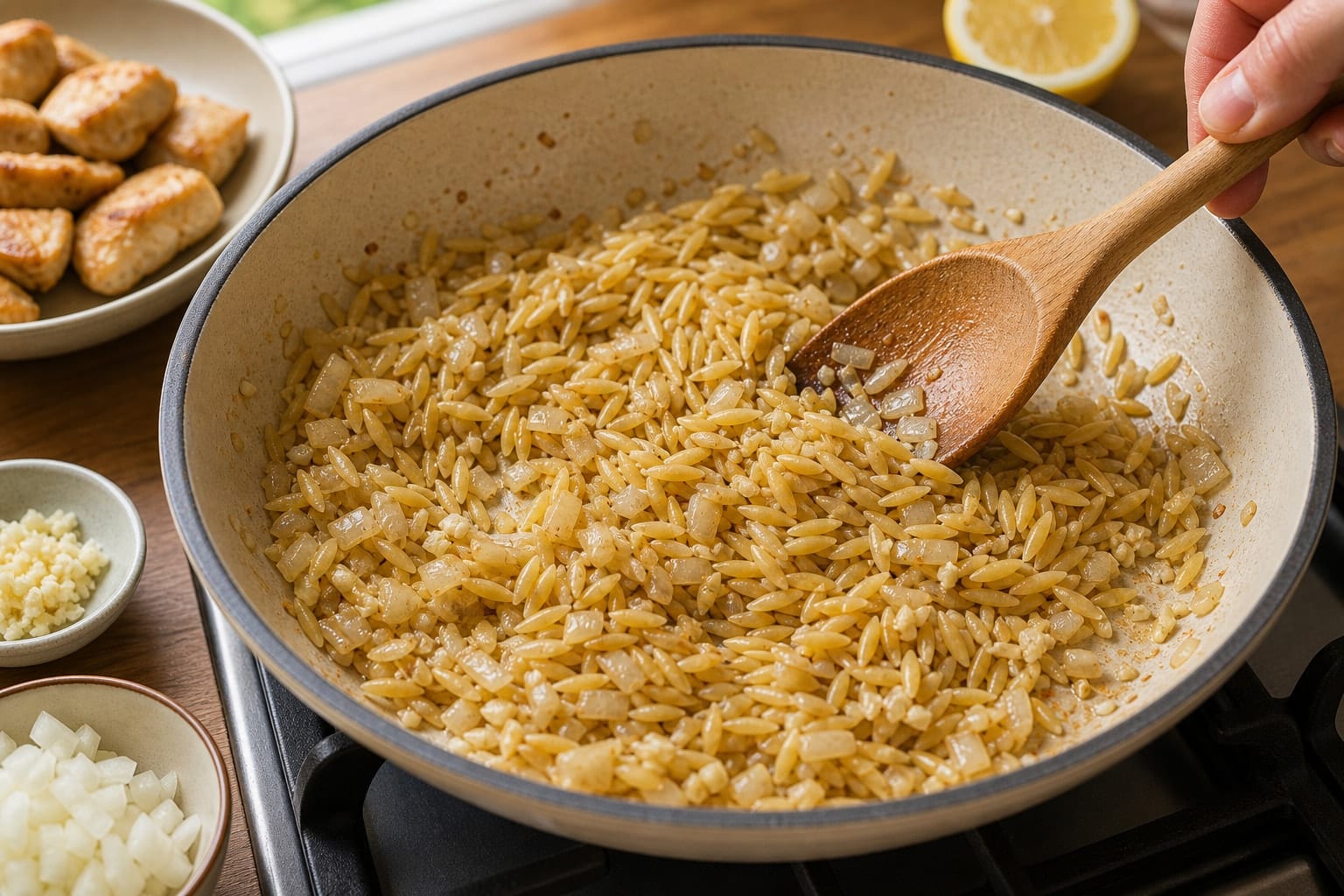 Lemon Chicken Orzo with Peas and Spinach cooking step 3: Start the orzo.
