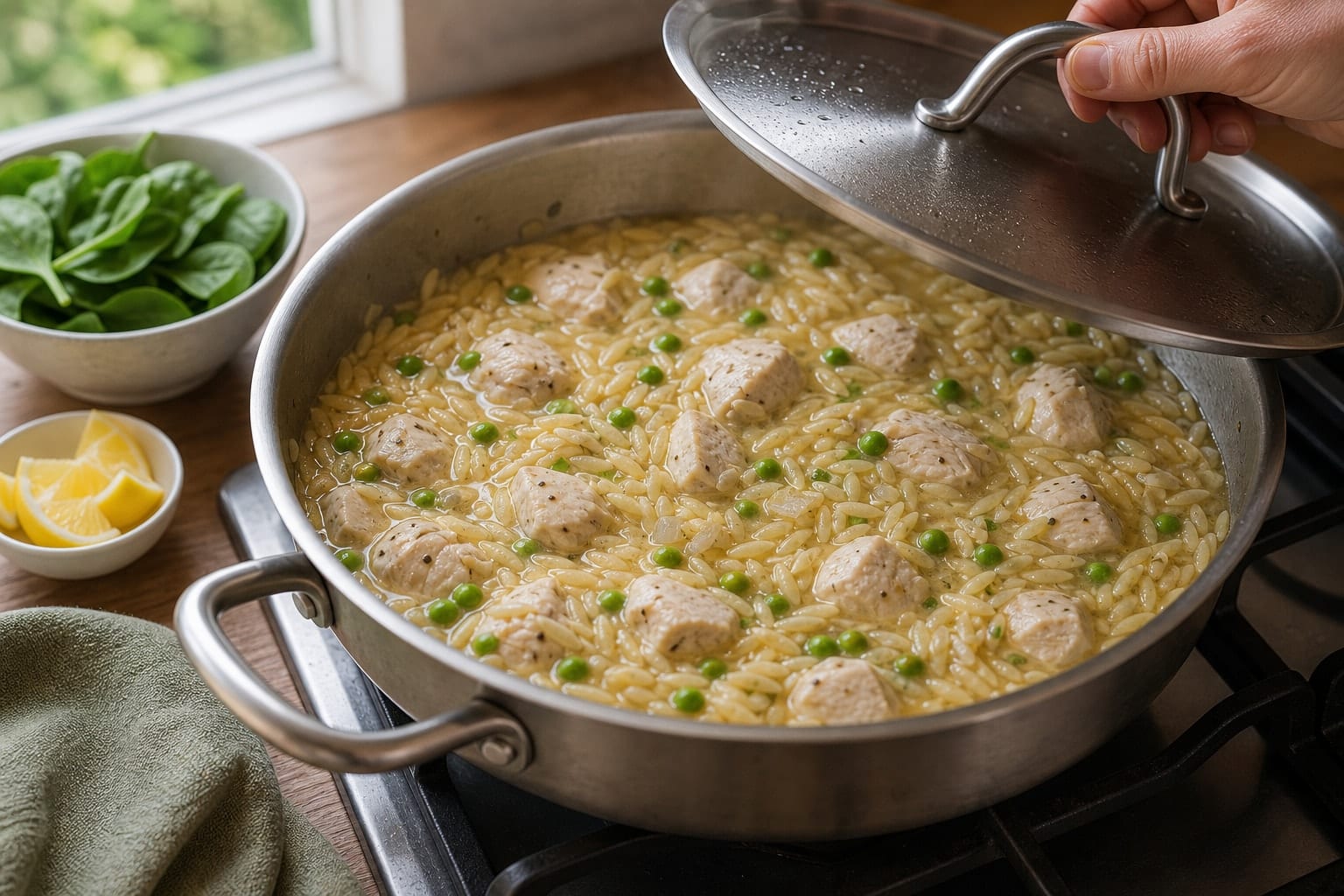 Lemon Chicken Orzo with Peas and Spinach cooking step 4: Simmer until tender.