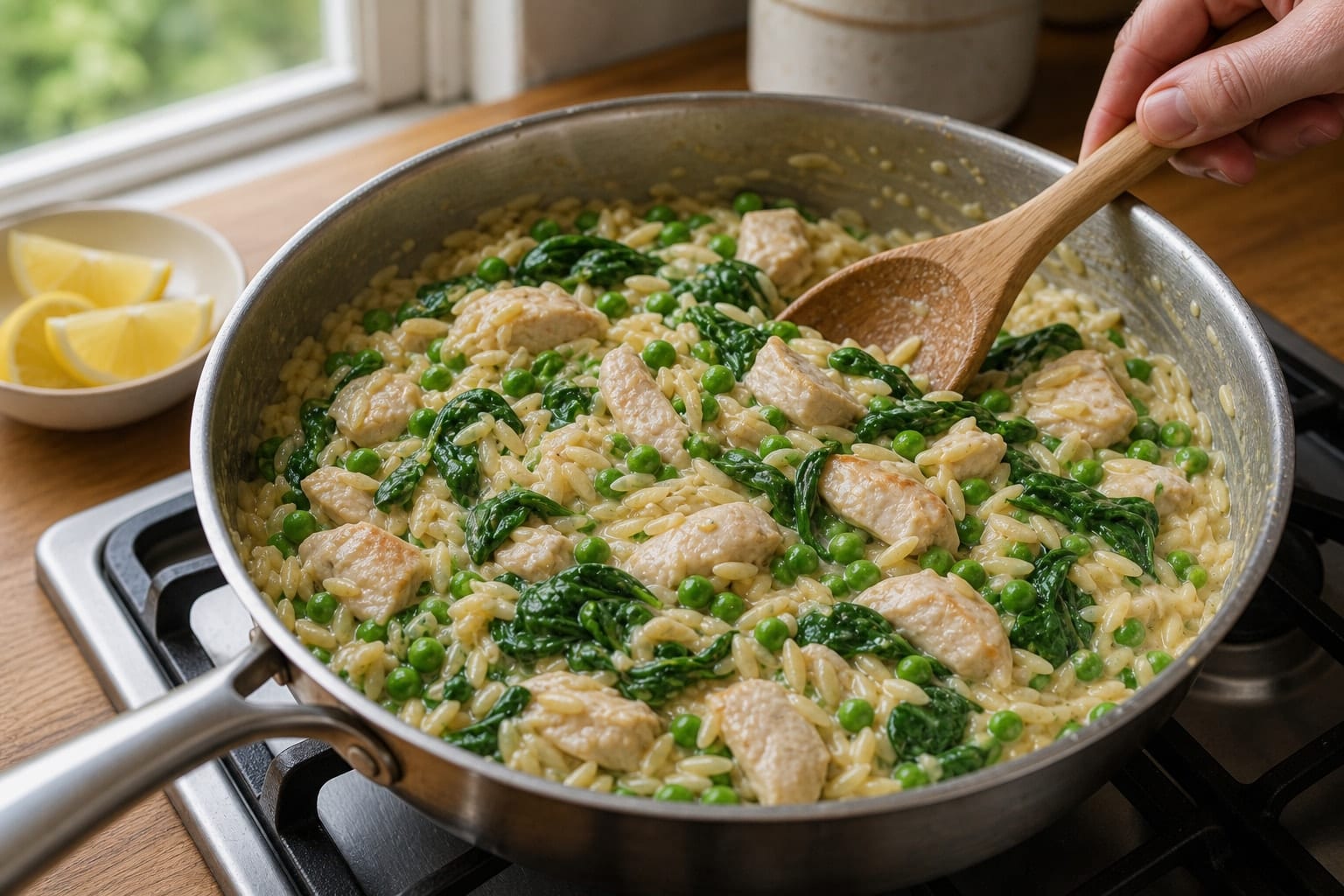 Lemon Chicken Orzo with Peas and Spinach cooking step 5: Add the greens.