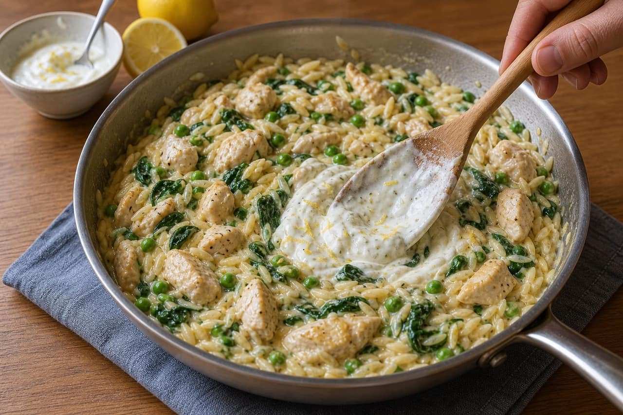 Lemon Chicken Orzo with Peas and Spinach cooking step 6: Finish with lemon yoghurt.