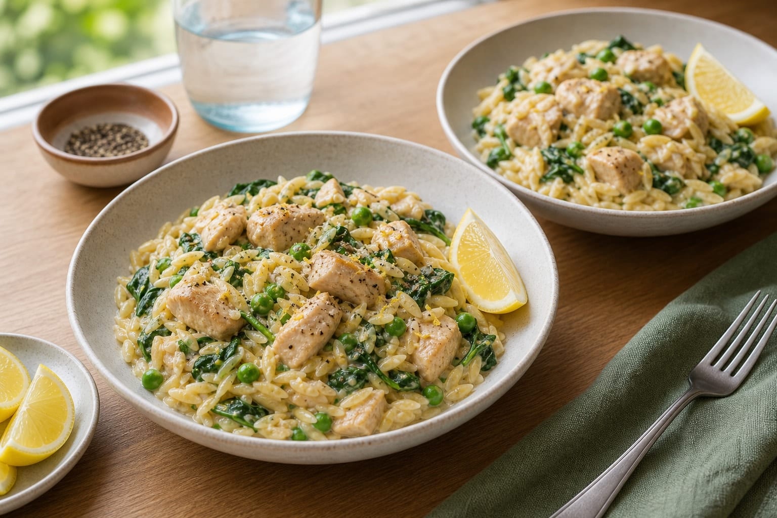 Lemon Chicken Orzo with Peas and Spinach cooking step 7: Serve the orzo.