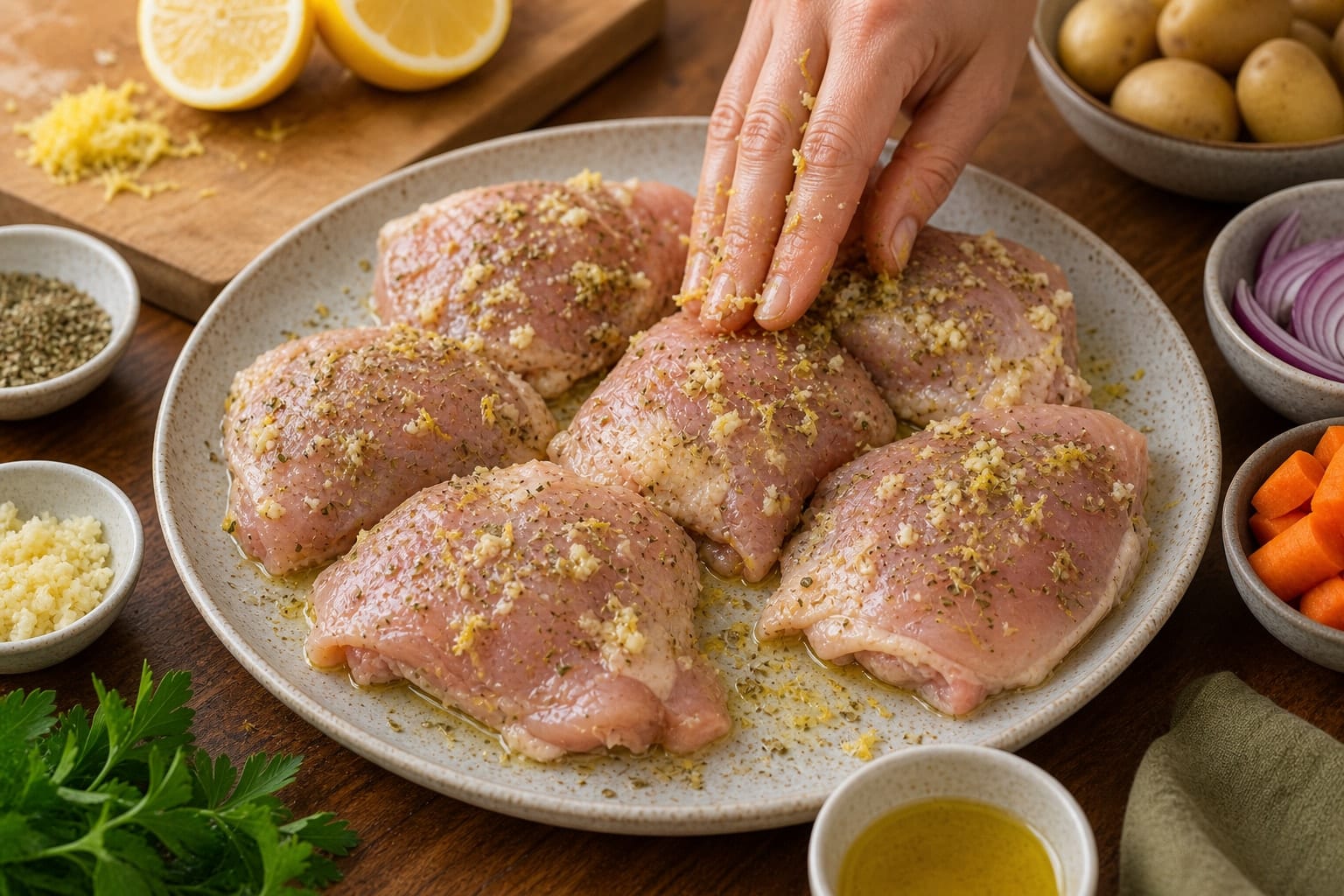 Golden Lemon Chicken Potato Traybake with Peas and Parsley cooking step 3: Season the chicken.