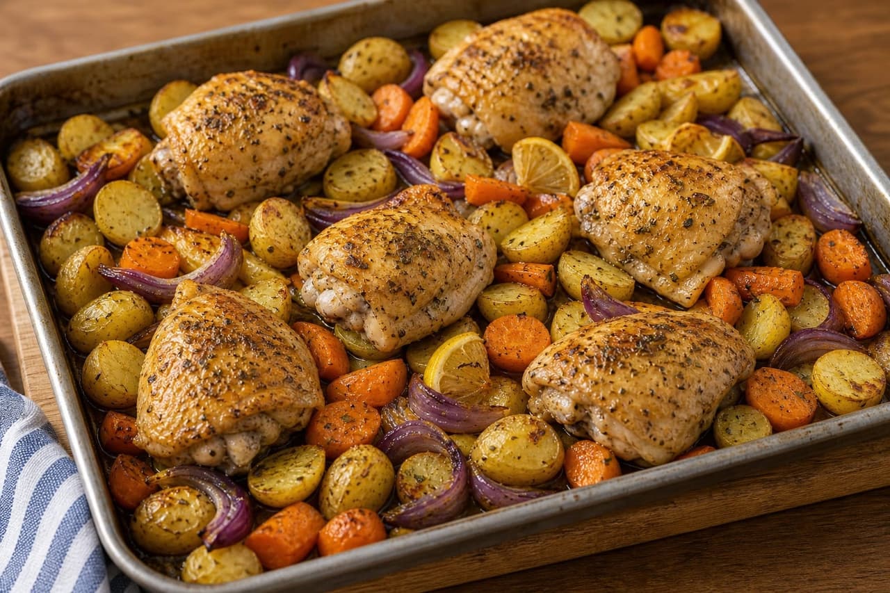 Golden Lemon Chicken Potato Traybake with Peas and Parsley cooking step 4: Roast the chicken.