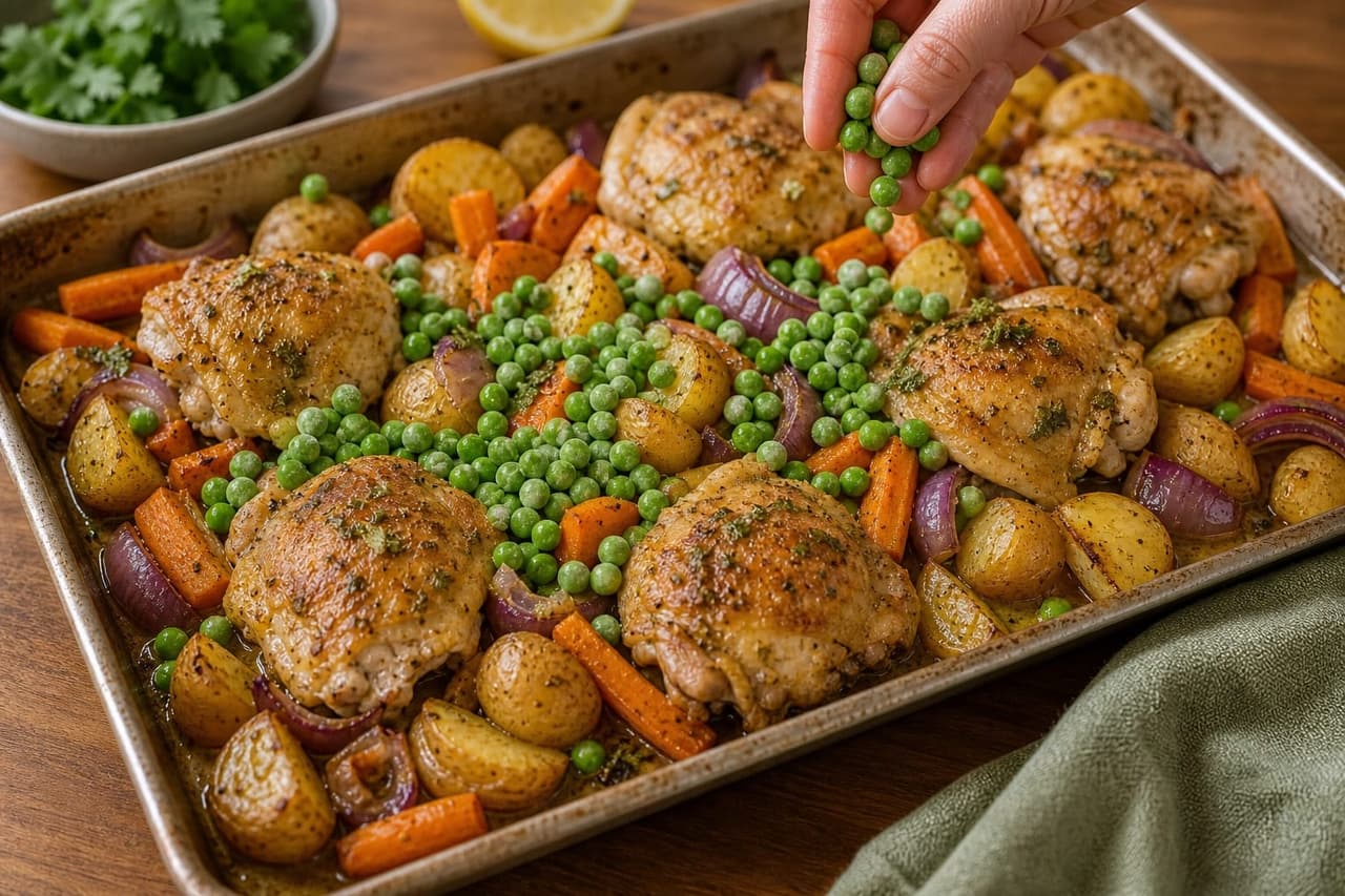 Golden Lemon Chicken Potato Traybake with Peas and Parsley cooking step 5: Add the peas.