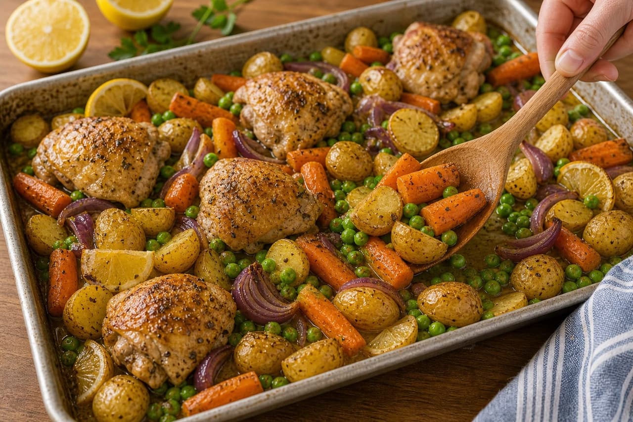 Golden Lemon Chicken Potato Traybake with Peas and Parsley cooking step 6: Rest and brighten.