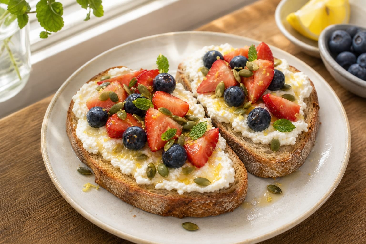 Lemon ricotta breakfast toasts with strawberries, blueberries, pumpkin seeds, honey, and mint.