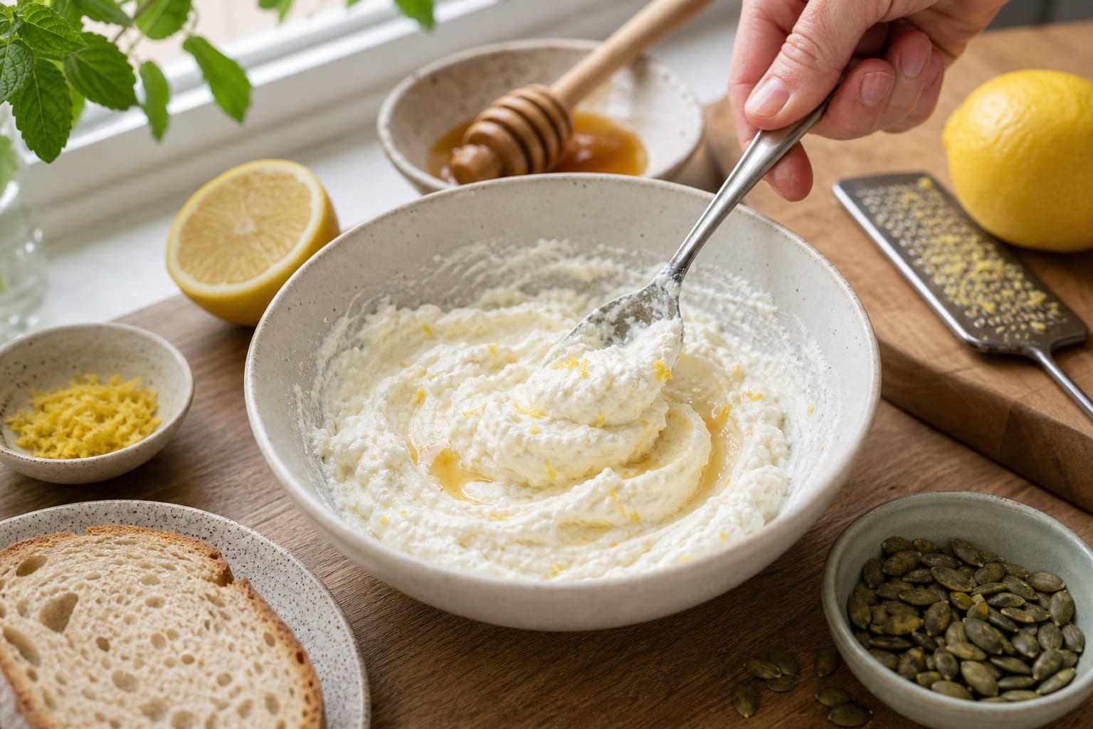Lemon Ricotta Berry Breakfast Toasts with Pumpkin Seeds cooking step 2: Whip the ricotta.