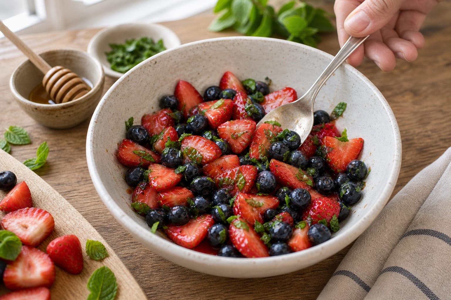 Lemon Ricotta Berry Breakfast Toasts with Pumpkin Seeds cooking step 4: Dress the berries.