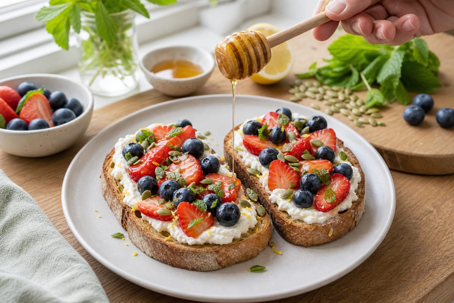 Lemon Ricotta Berry Breakfast Toasts with Pumpkin Seeds cooking step 5: Build the breakfast toasts.