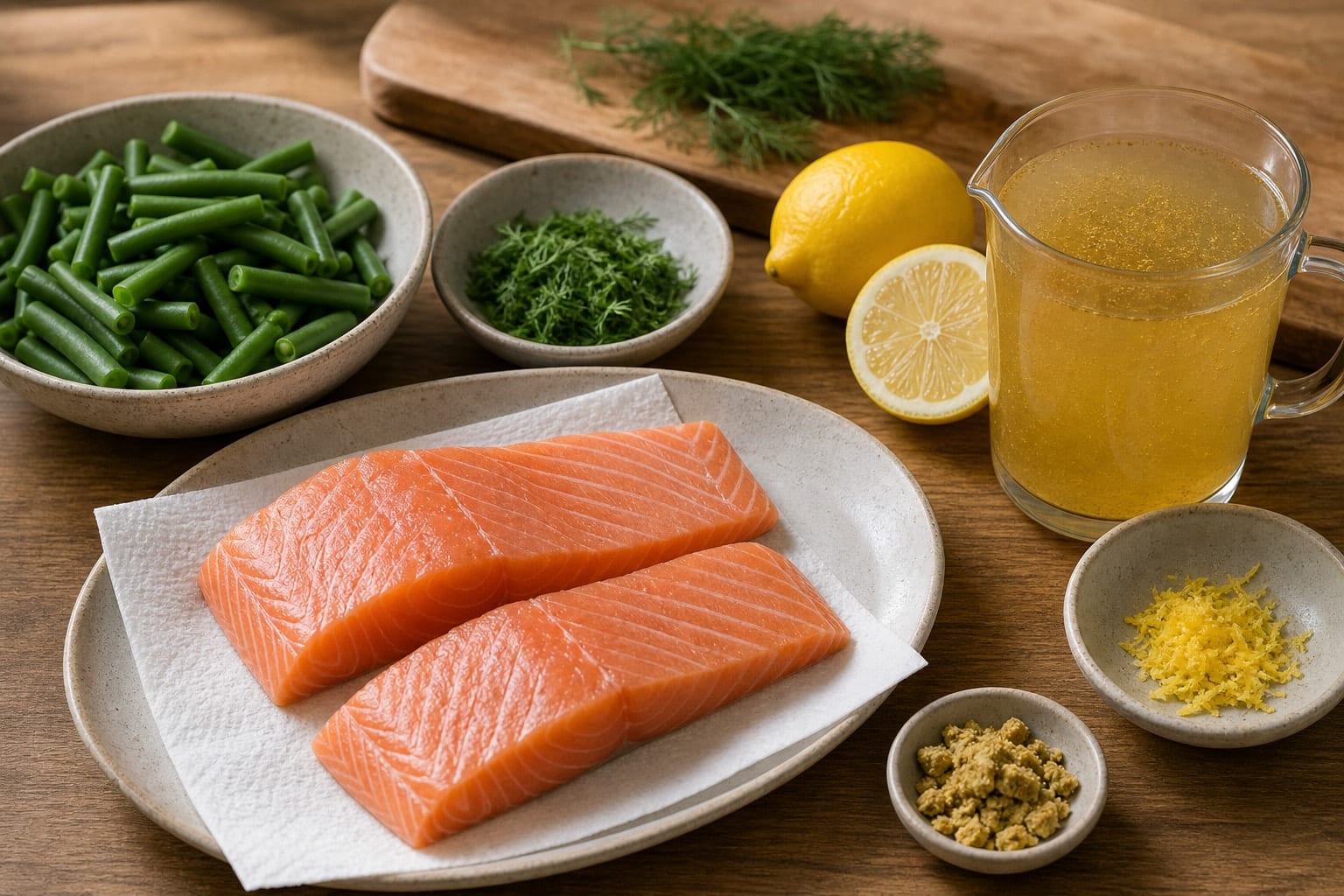 Lemon Salmon Green Bean Orzo with Dill cooking step 1: Prepare the salmon and greens.