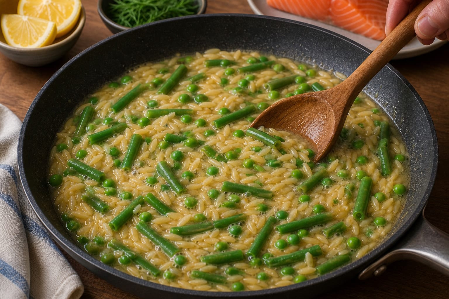 Lemon Salmon Green Bean Orzo with Dill cooking step 4: Simmer the orzo.