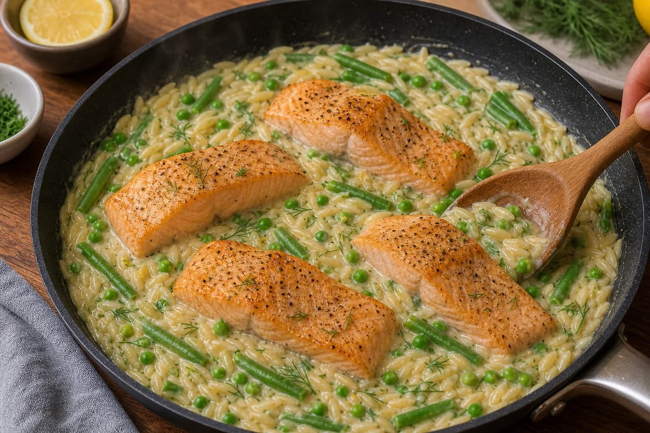 Lemon Salmon Green Bean Orzo with Dill cooking step 5: Make it creamy.