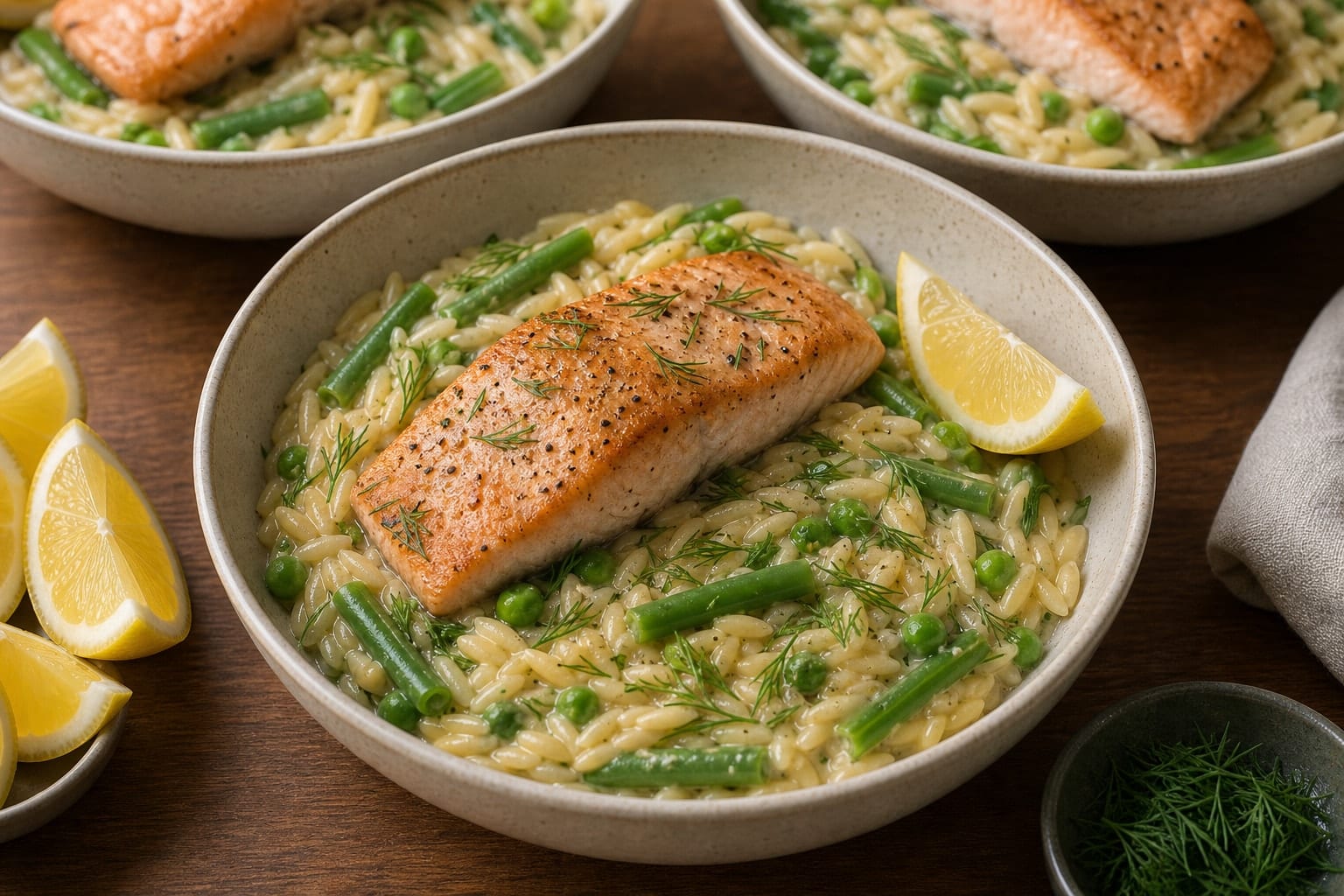 Lemon Salmon Green Bean Orzo with Dill cooking step 6: Serve with dill.