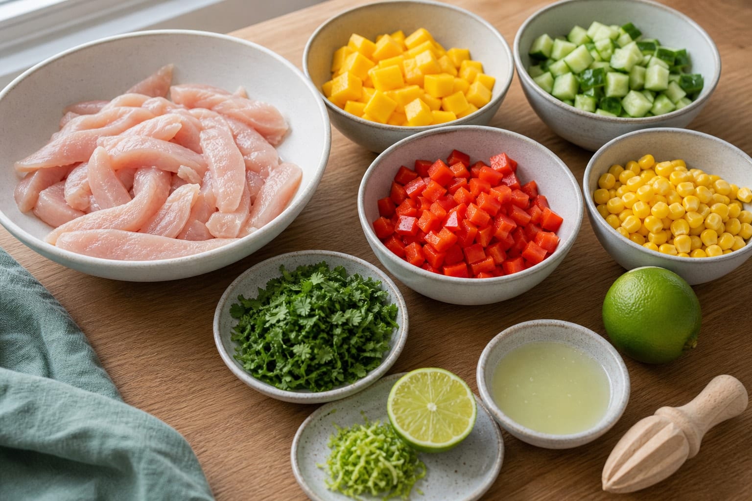Lime Chicken Mango Rice Salad Boxes with Coriander cooking step 1: Prepare the salad ingredients.