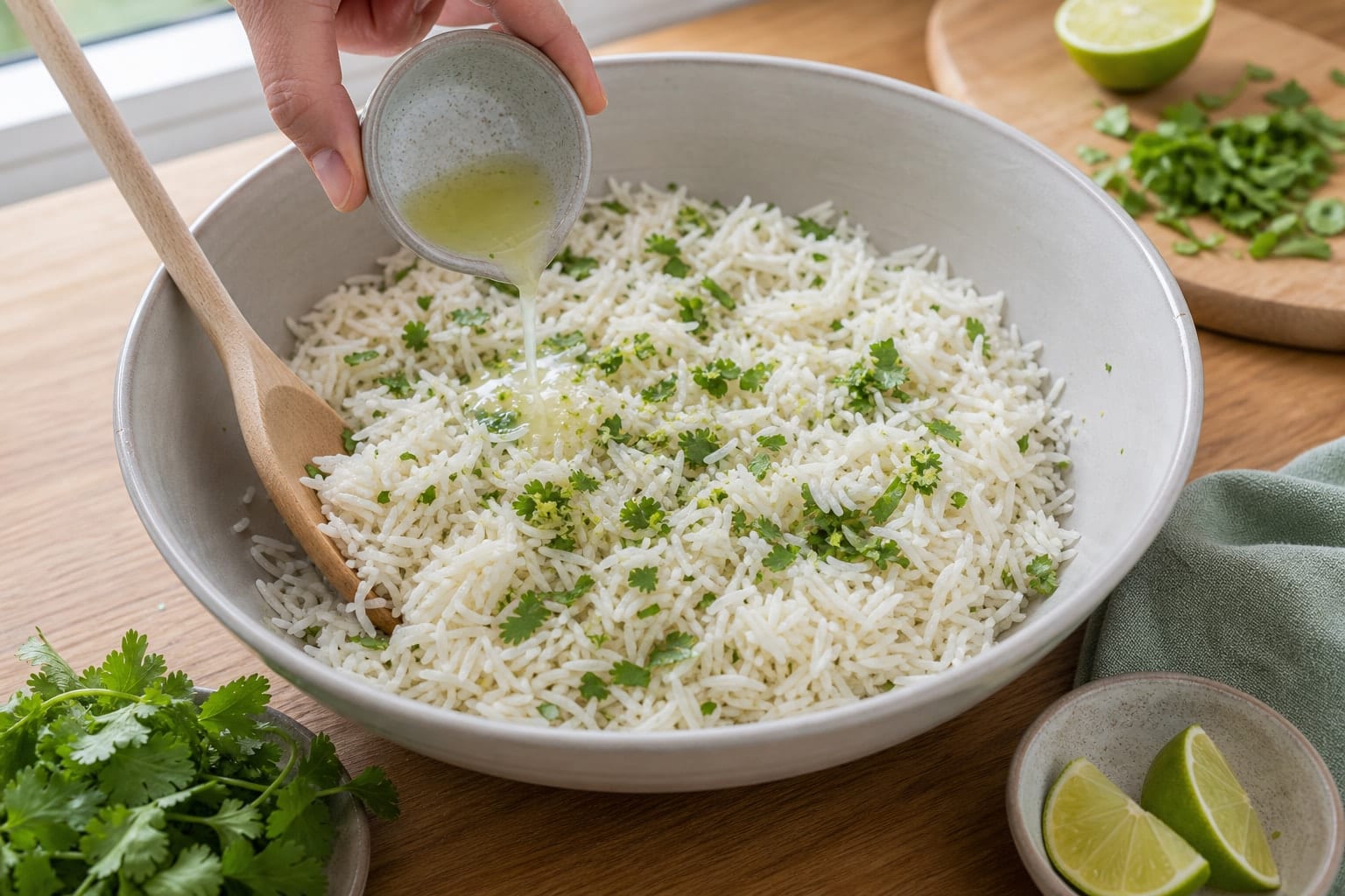 Lime Chicken Mango Rice Salad Boxes with Coriander cooking step 4: Warm and dress the rice.