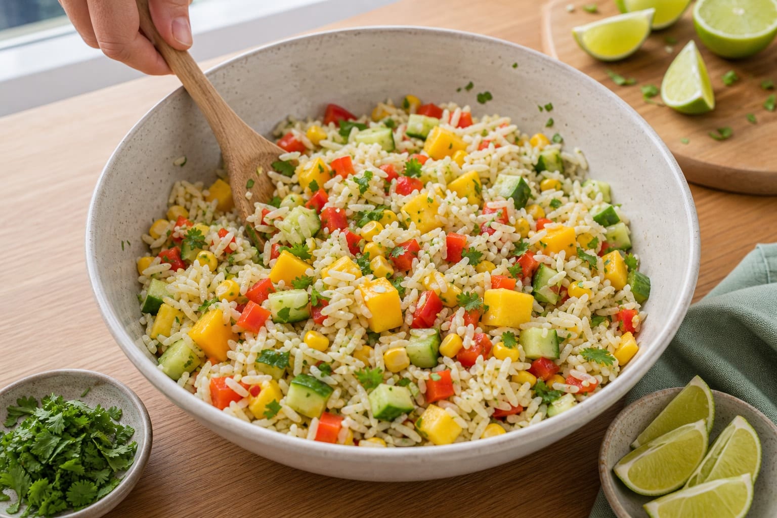 Lime Chicken Mango Rice Salad Boxes with Coriander cooking step 5: Fold in the salad.
