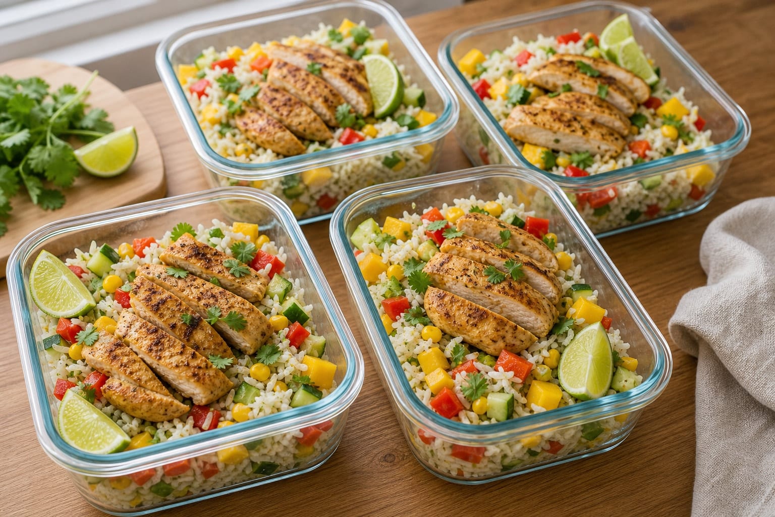 Lime Chicken Mango Rice Salad Boxes with Coriander cooking step 6: Pack with chicken.