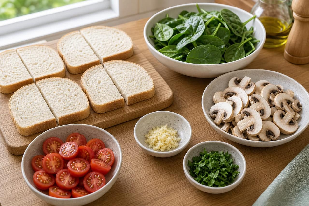 Mushroom Spinach Eggy Toasts with Tomatoes cooking step 1: Prep the vegetables.