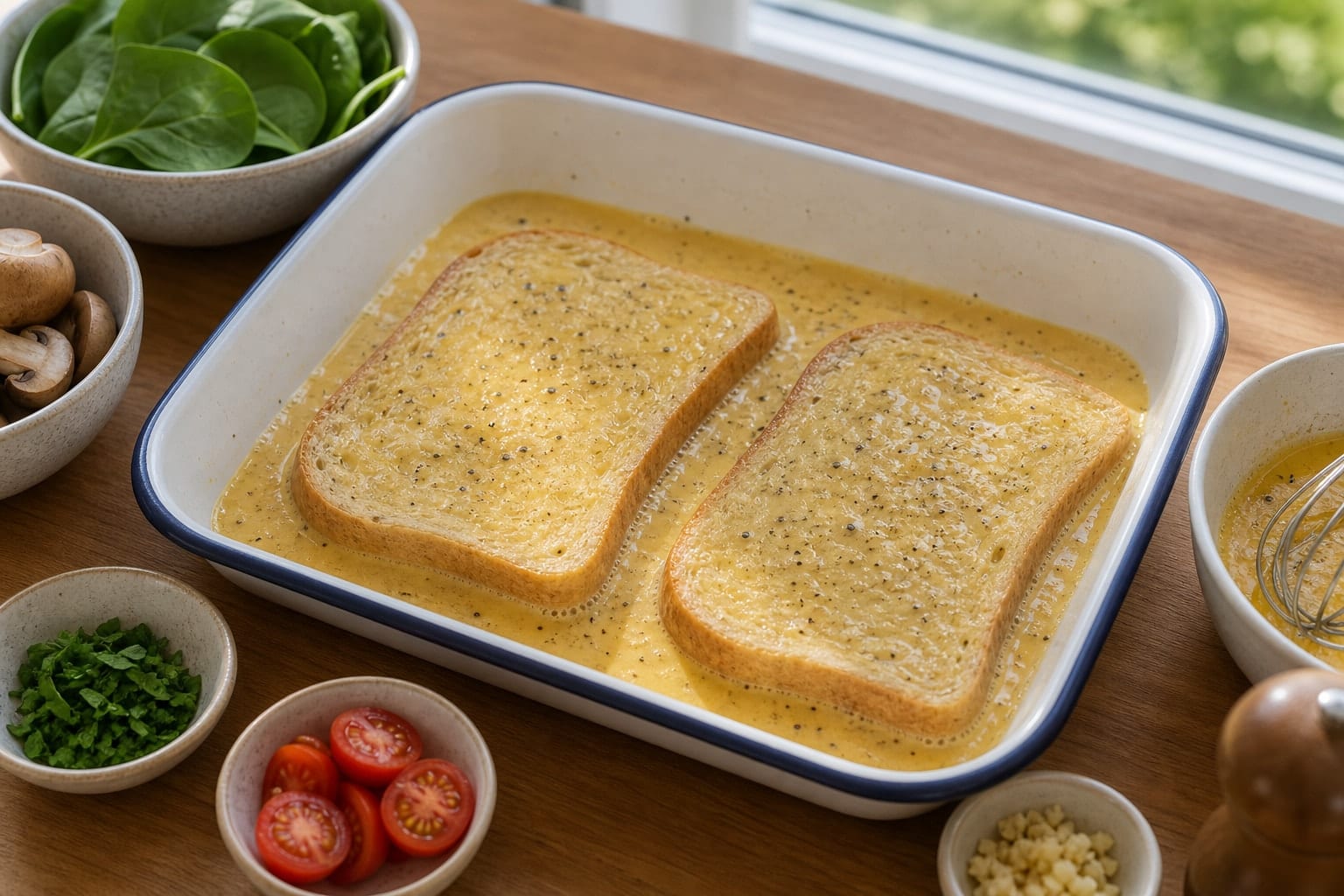 Mushroom Spinach Eggy Toasts with Tomatoes cooking step 2: Soak the bread.