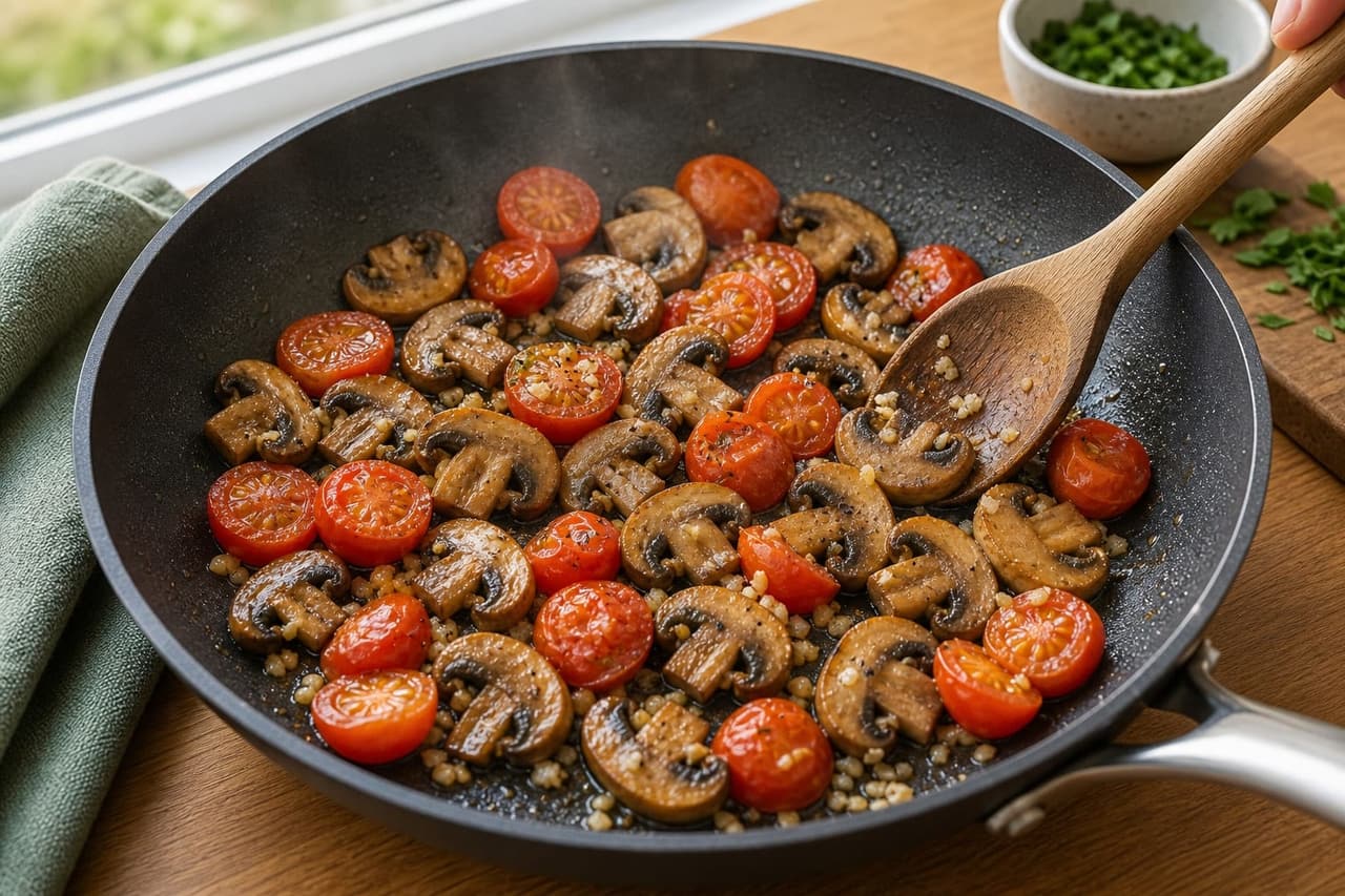 Mushroom Spinach Eggy Toasts with Tomatoes cooking step 3: Cook the mushrooms.