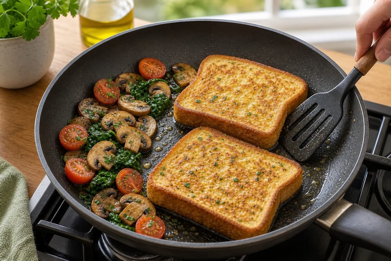 Mushroom Spinach Eggy Toasts with Tomatoes cooking step 4: Fry the eggy toasts.