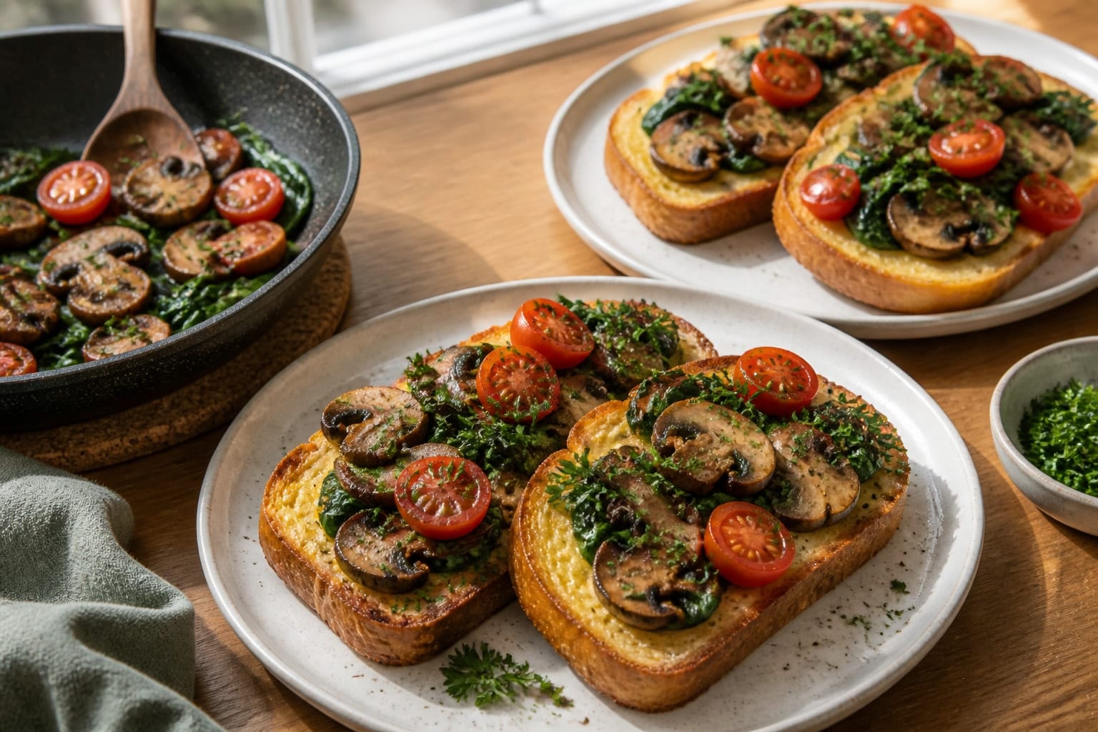 Mushroom Spinach Eggy Toasts with Tomatoes cooking step 5: Wilt the spinach and serve.