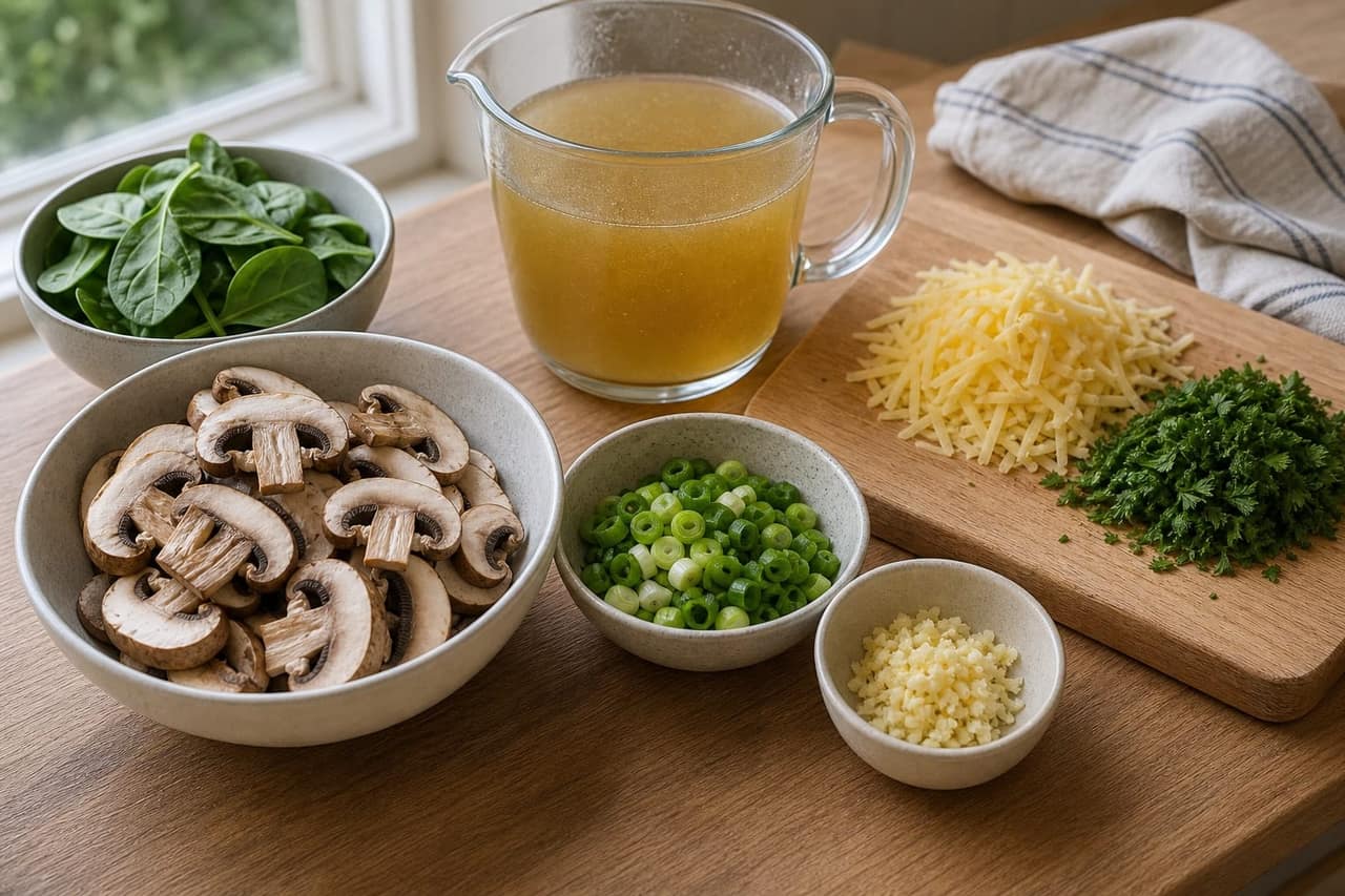 Creamy Mushroom Spinach Savoury Oat Bowls with Parsley cooking guide image for prepare the toppings.