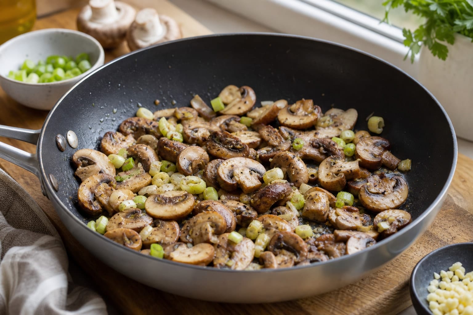Creamy Mushroom Spinach Savoury Oat Bowls with Parsley cooking guide image for cook the mushrooms.