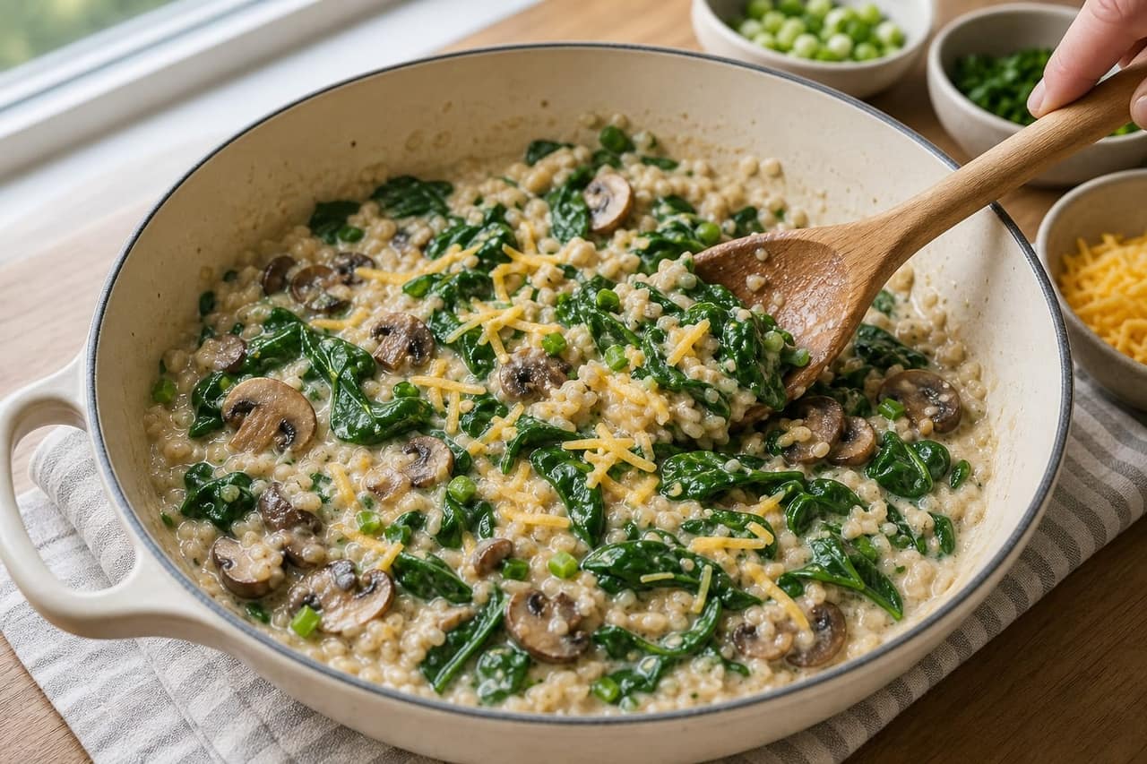 Creamy Mushroom Spinach Savoury Oat Bowls with Parsley cooking guide image for add spinach and cheese.