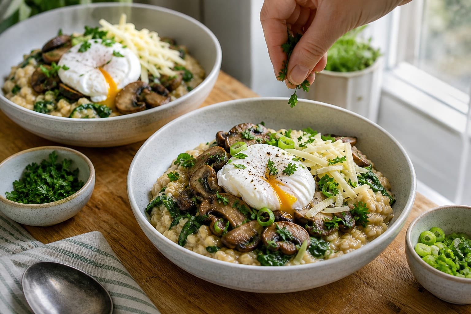 Creamy Mushroom Spinach Savoury Oat Bowls with Parsley cooking guide image for serve the bowls.