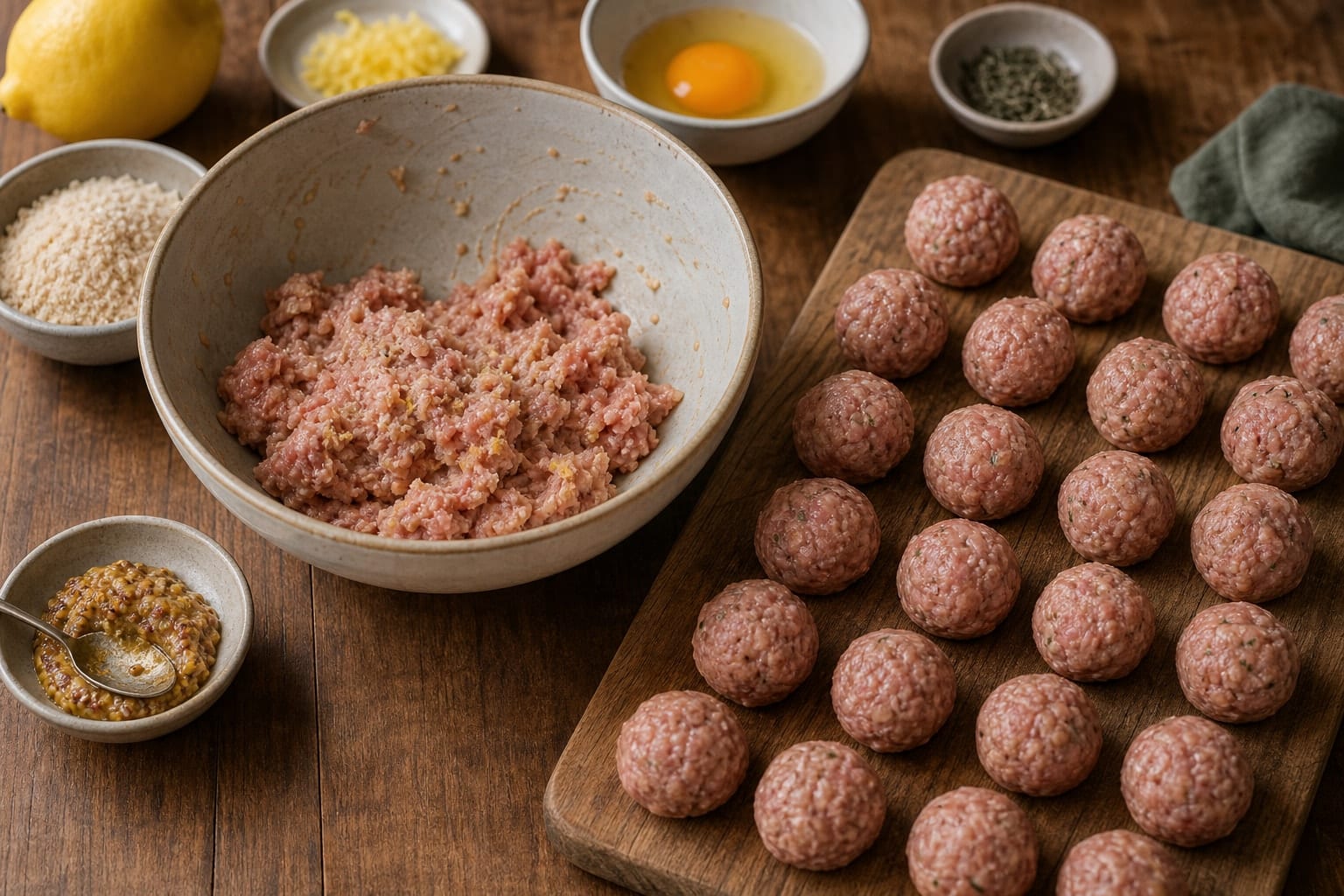 Pork Potato Mustard Traybake with Sweetheart Cabbage cooking step 2: Shape the pork meatballs.