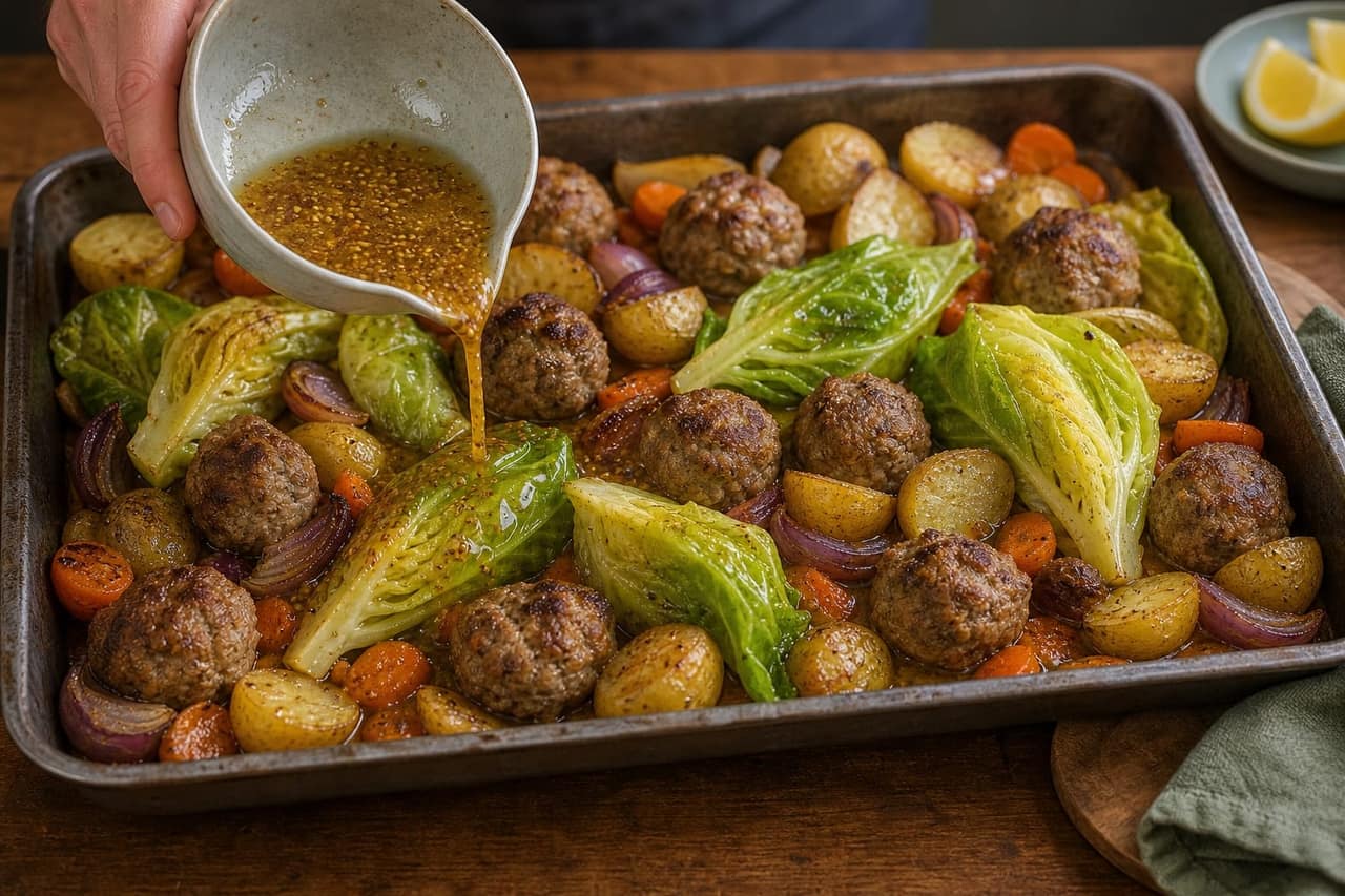 Pork Potato Mustard Traybake with Sweetheart Cabbage cooking step 5: Glaze the cabbage.