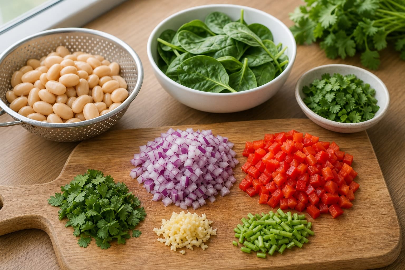 Paprika Butter Bean Eggs with Tomatoes and Coriander cooking step 1: Prep the vegetables.