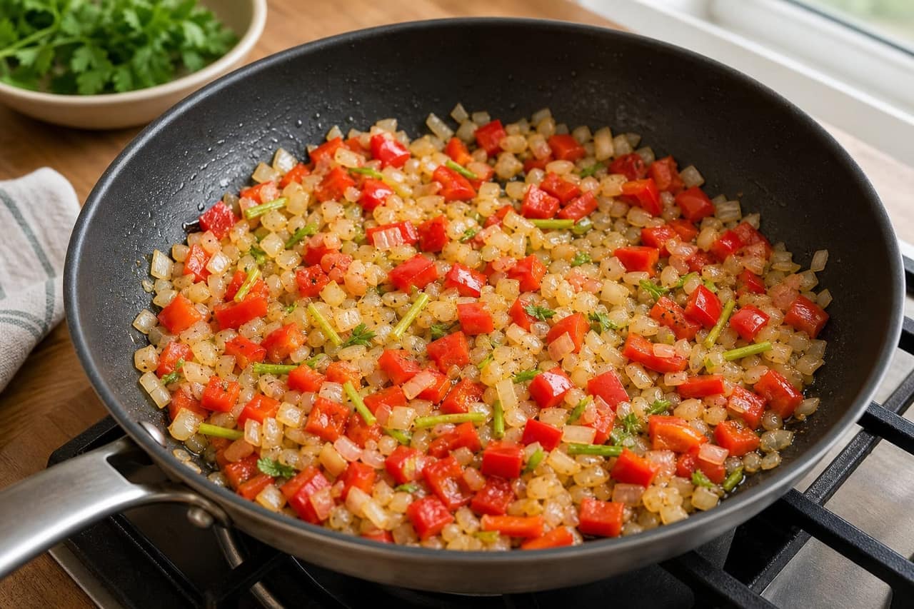 Paprika Butter Bean Eggs with Tomatoes and Coriander cooking step 2: Soften the base.