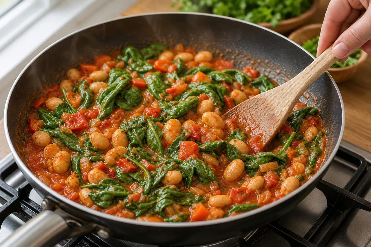 Paprika Butter Bean Eggs with Tomatoes and Coriander cooking step 4: Wilt the spinach.
