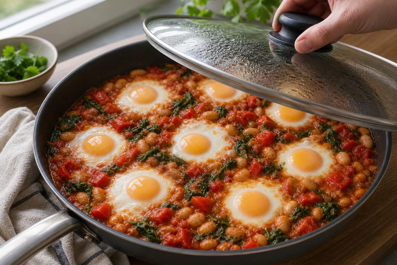 Paprika Butter Bean Eggs with Tomatoes and Coriander cooking step 5: Cook the eggs.