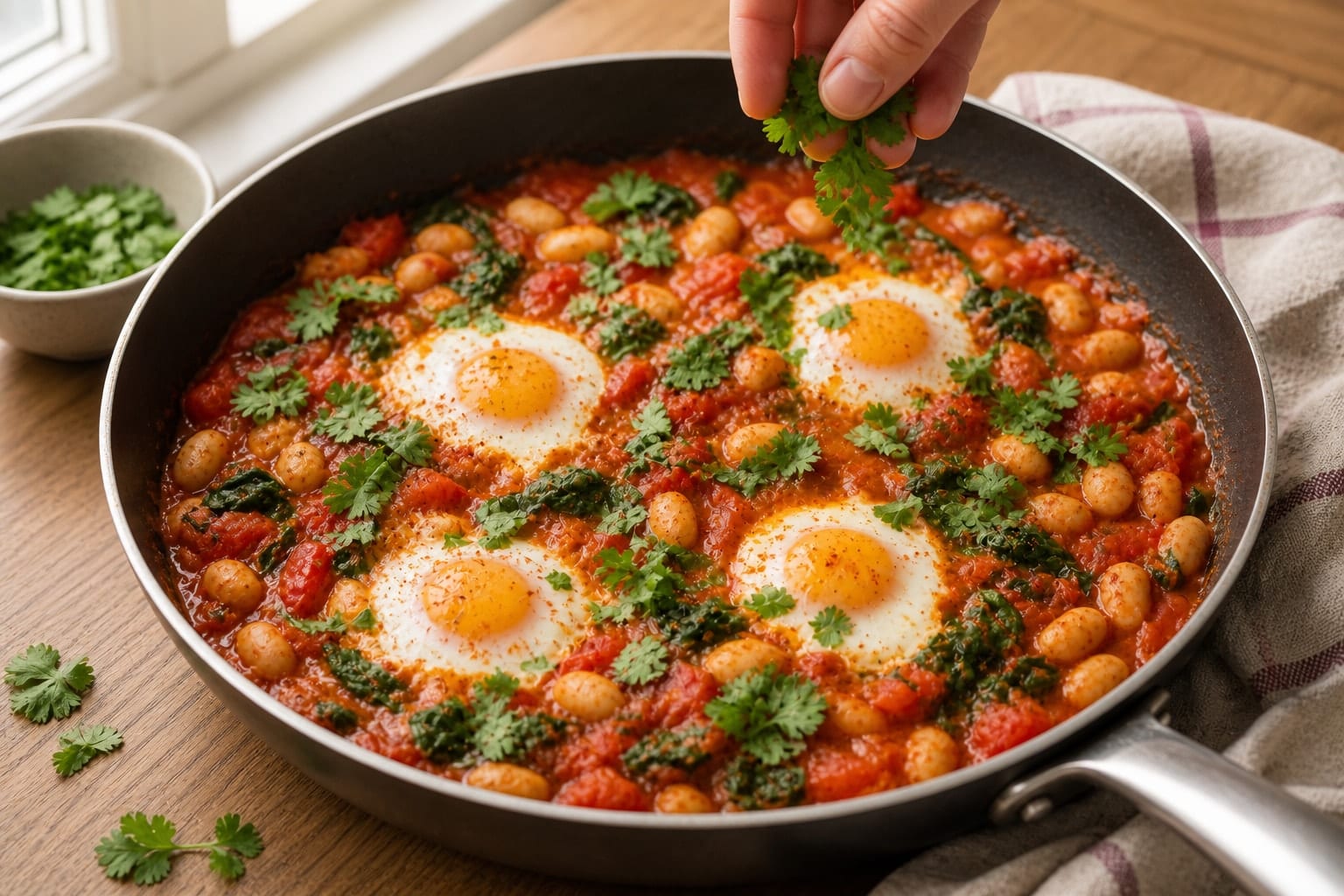 Paprika Butter Bean Eggs with Tomatoes and Coriander cooking step 6: Finish with coriander.