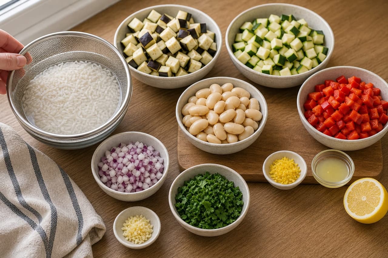Saucy Ratatouille Butter Bean Rice with Parsley cooking step 1: Prep the vegetables.