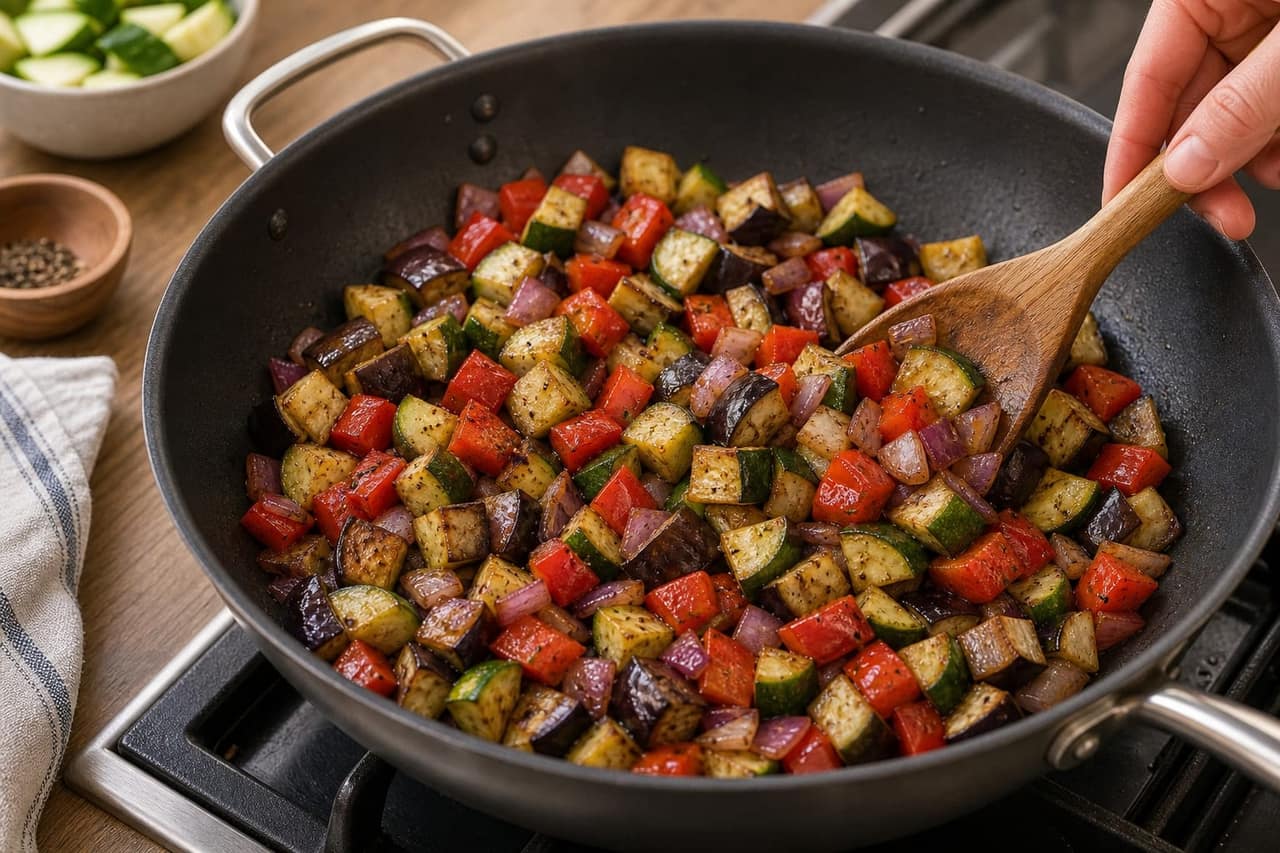 Saucy Ratatouille Butter Bean Rice with Parsley cooking step 3: Brown the vegetables.