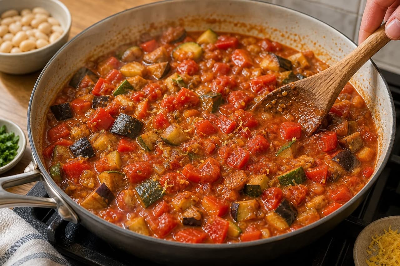 Saucy Ratatouille Butter Bean Rice with Parsley cooking step 4: Simmer the tomato sauce.