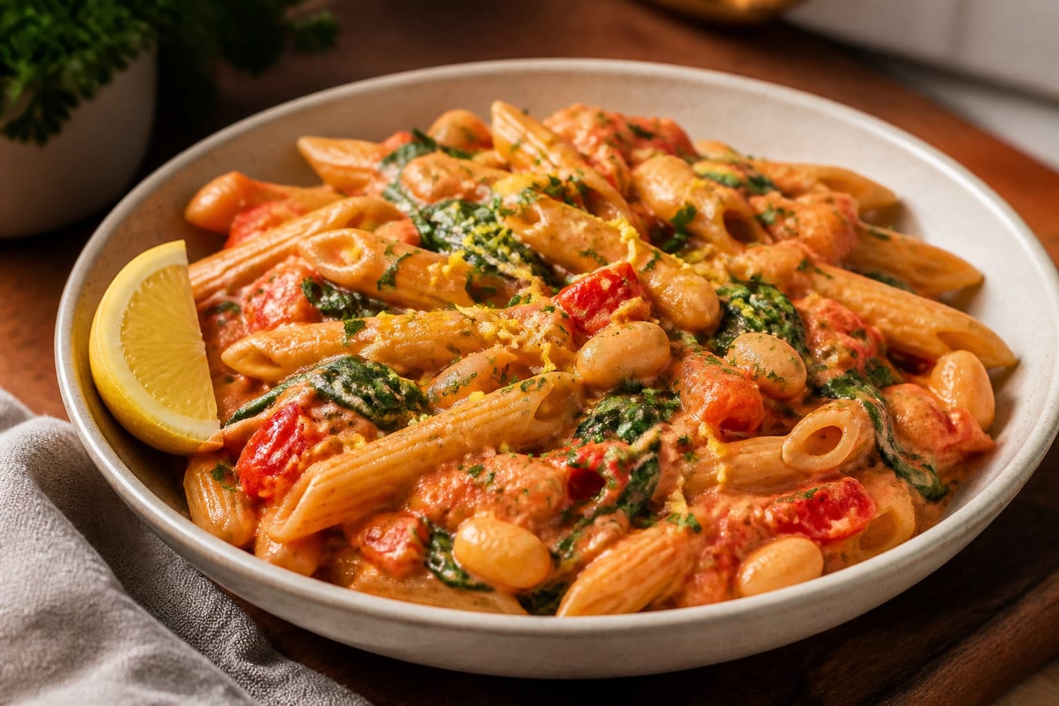 Creamy Red Pepper Butter Bean Pasta with Parsley plated and ready to serve.