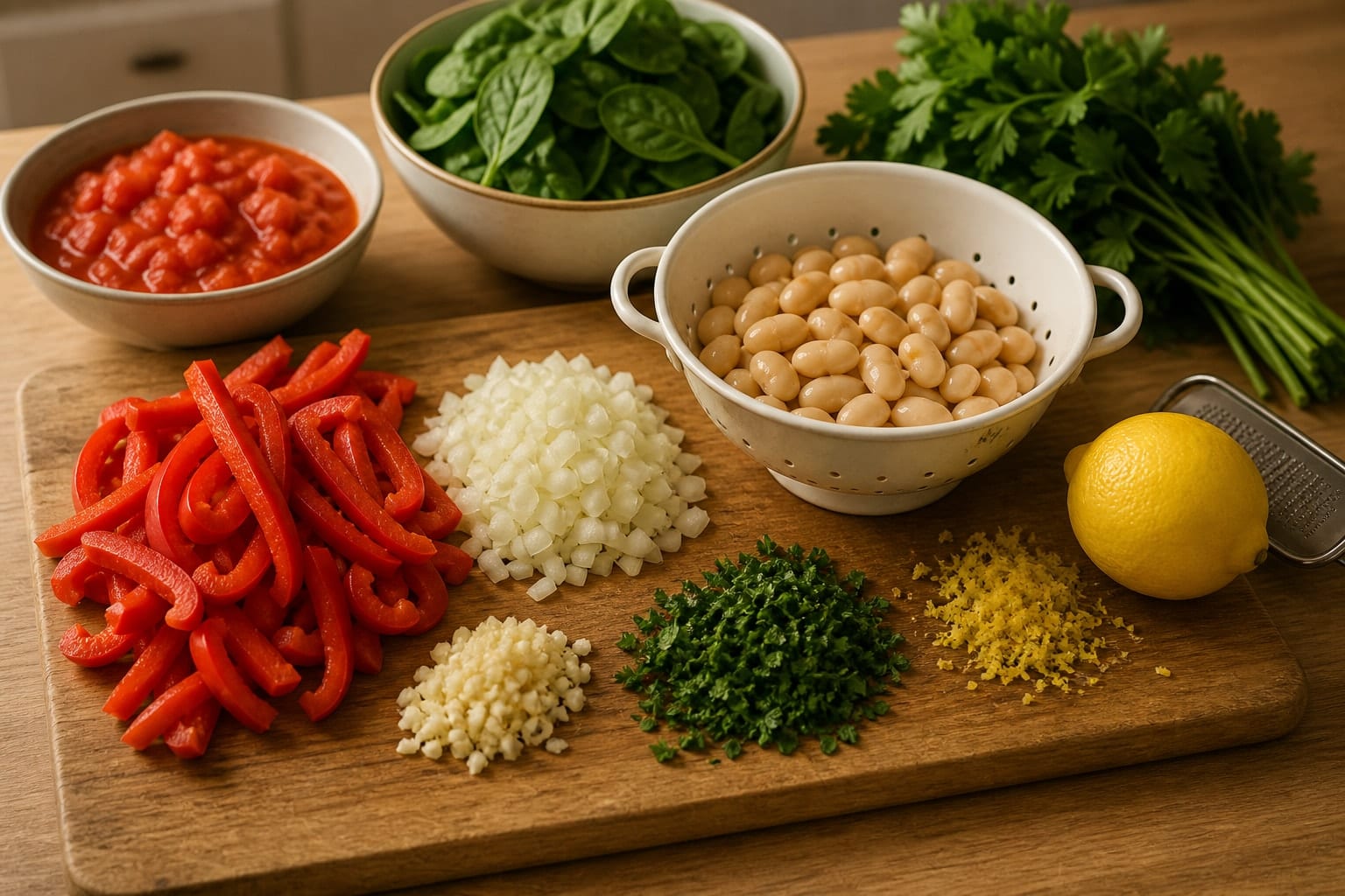 Creamy Red Pepper Butter Bean Pasta with Parsley cooking step 1: Prepare the vegetables.