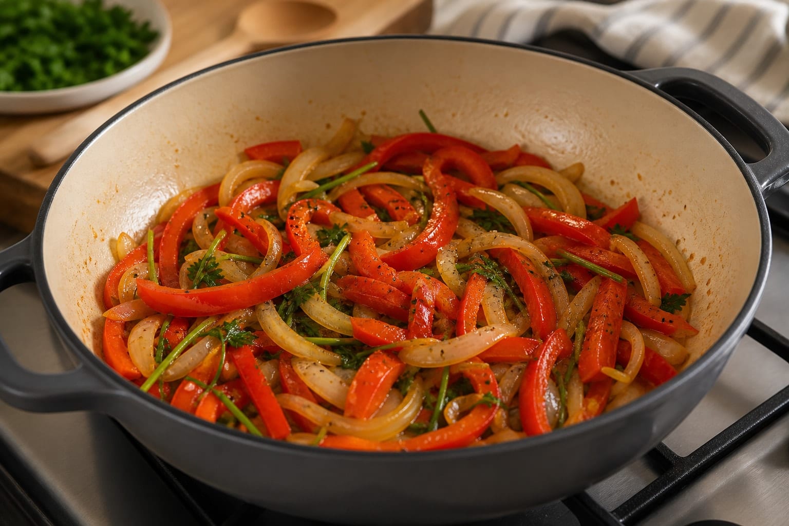 Creamy Red Pepper Butter Bean Pasta with Parsley cooking step 2: Soften the peppers.