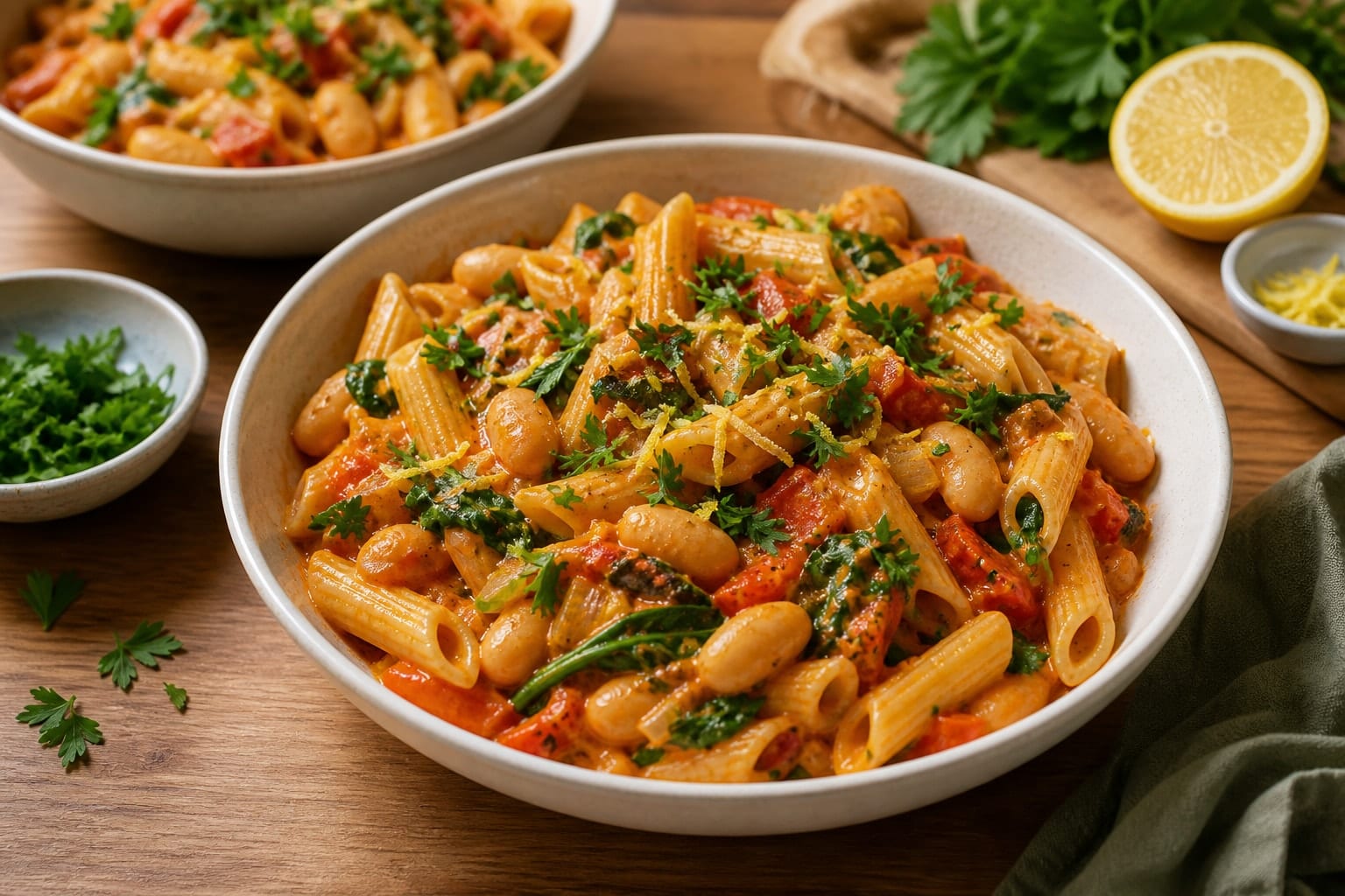 Creamy Red Pepper Butter Bean Pasta with Parsley cooking step 7: Serve with parsley.